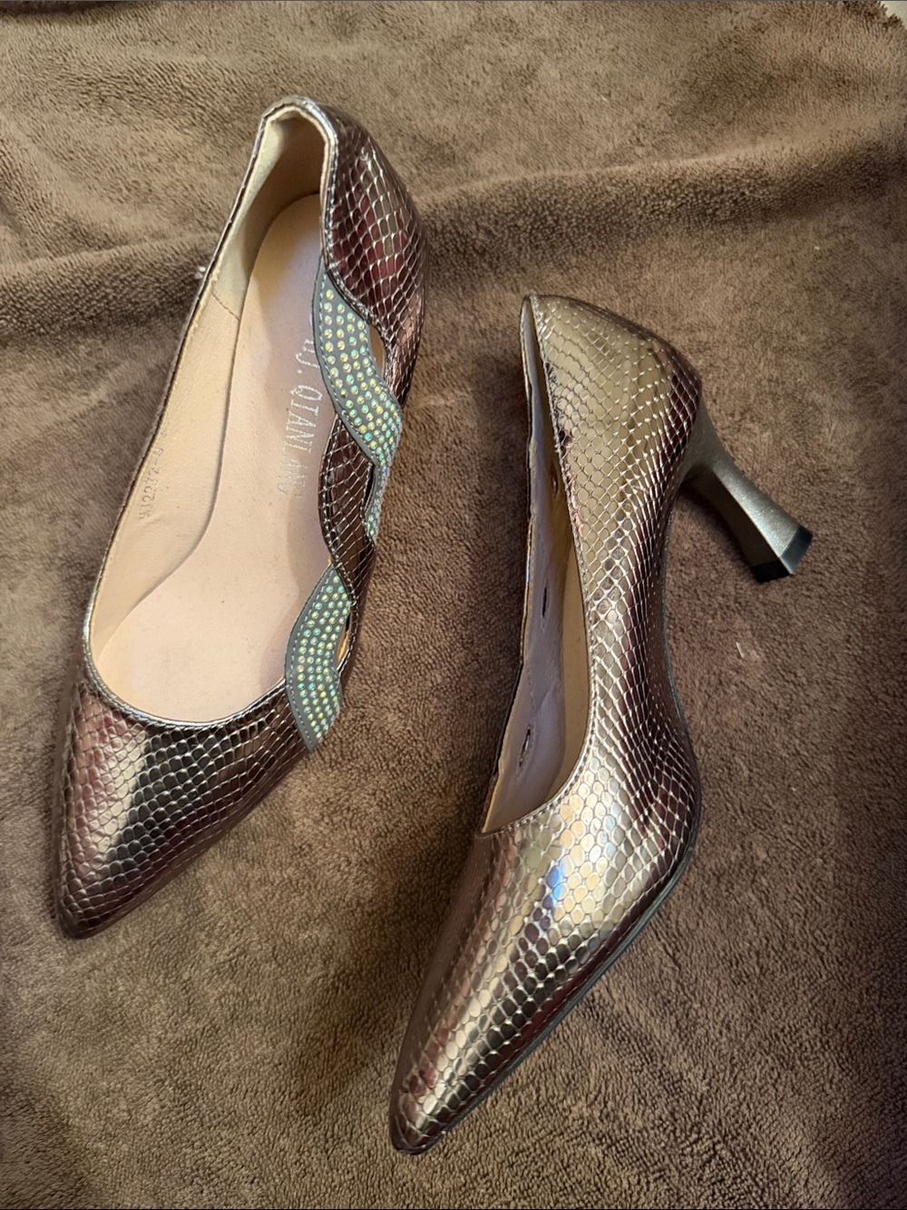 Metallic Bronze Snake-Embossed Pointed-Toe Pumps - Women